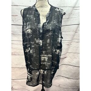 Lane Collection Womens 22 Sleeveless Blouse Black‎ White Abstract Sheer High Low